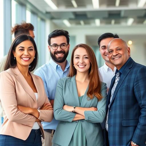 A diverse team of career coaches smiling and standing together in a modern office setting